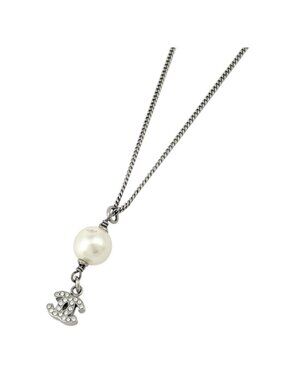 Chanel Necklace CC Logo Faux Pearl Silver Plated Rhinestone